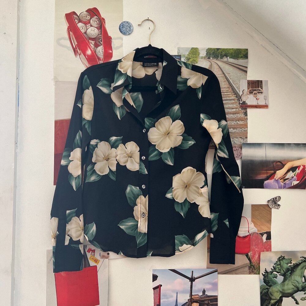 Vintage Black and Green Floral Print Sheer Button Up Blouse Top Shirt